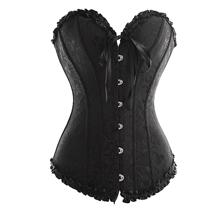 Black Floral Boned Strapless Overbust Corset with Lace up Back